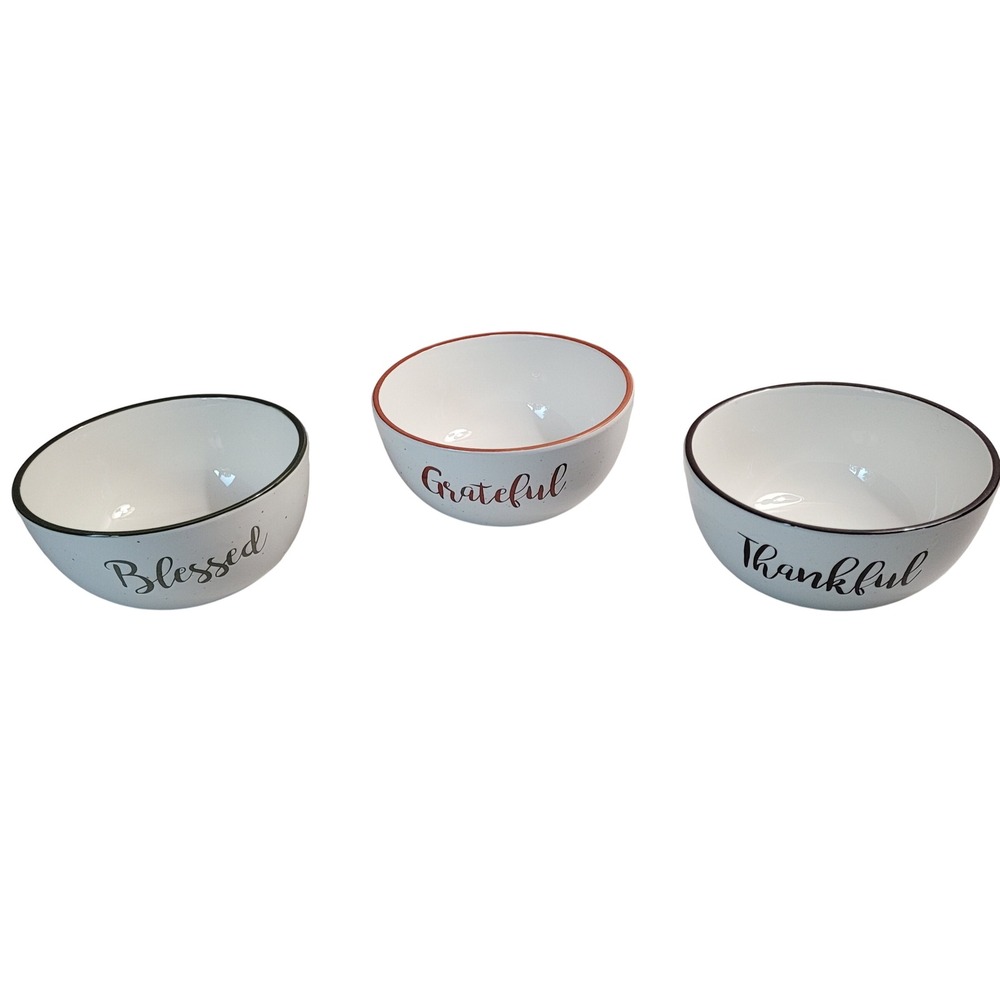 Hobby Lobby Fall Tableware Bowls Set 3 Blessed Grateful Thankful White Speckled